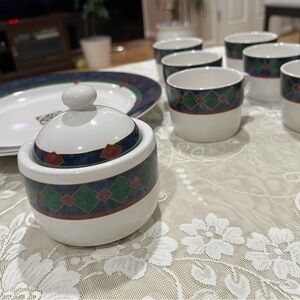 Classic White and Blue Dinnerware Set with Geometric Design